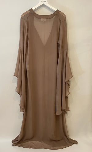 Alexandra Miro Beige Maxi Low Cut Shirt Dress with Flair Sleeves Size IT 40 (UK 8)