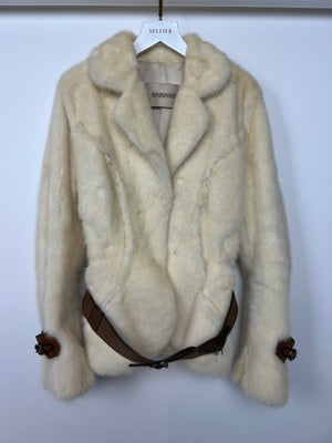 Ermanno Scervino Cream Mink Jacket with Brown Belt Details Size IT 40 (UK 8)