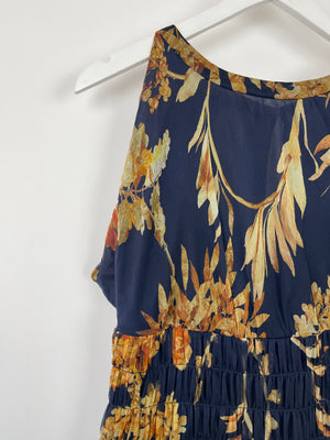 Chanel Navy Floral Silk Sleeveless Mini Dress With Decorative Gold Button Details FR 38 (UK 10)