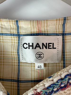 Chanel 20/C Cream Tweed Jacket with Blue, Pink MultiColour Trim Detail and CC Button Size FR 40 (UK 12)