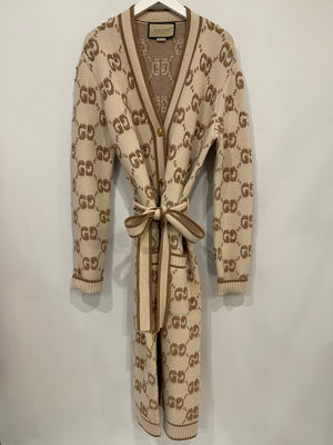 Gucci Cream and Light Brown GG Knit Wool Blend Maxi Belted Cardigan with Gold Buttons Size M (UK 10)