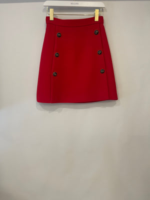 Dolce & Gabbana Red Wool Mini Skirt with Black and Gold Logo Buttons Size IT 38 (UK 6)