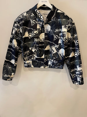 Chanel Navy Logo Printed Bomber Jacket with Embellished CC Button Details Size FR 38 (UK 10)