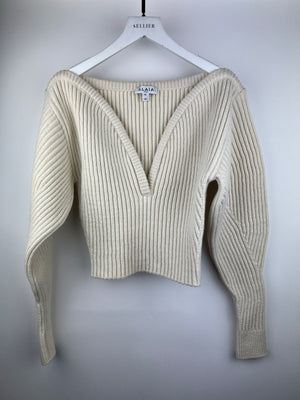 Alaïa Cream V-Neck Long Sleeve Knitted Jumper Size FR 36 (UK 8)