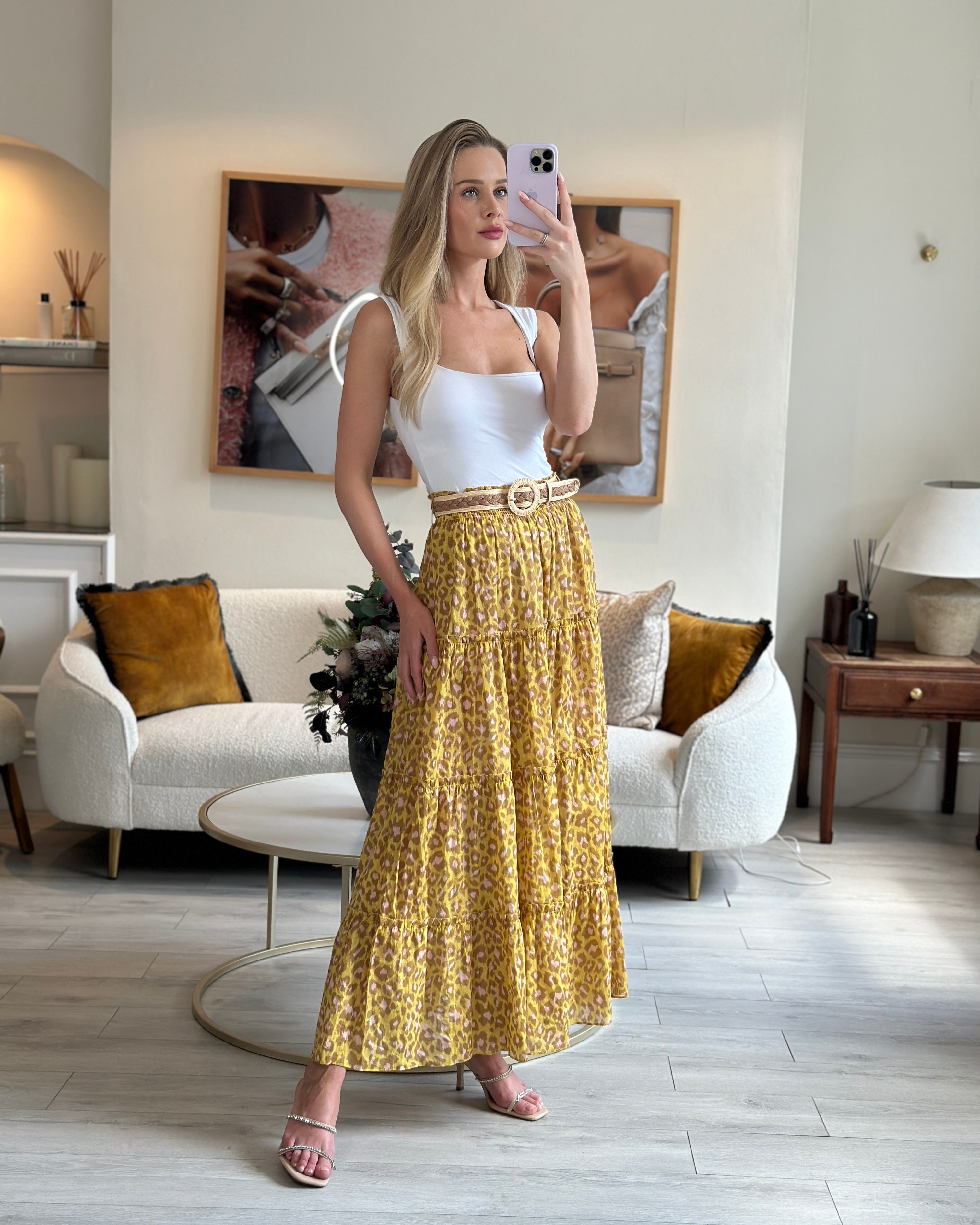 Zimmermann Lemon Leopard Carnaby Tiered Skirt with Raffia Belt Size 1 Sellier