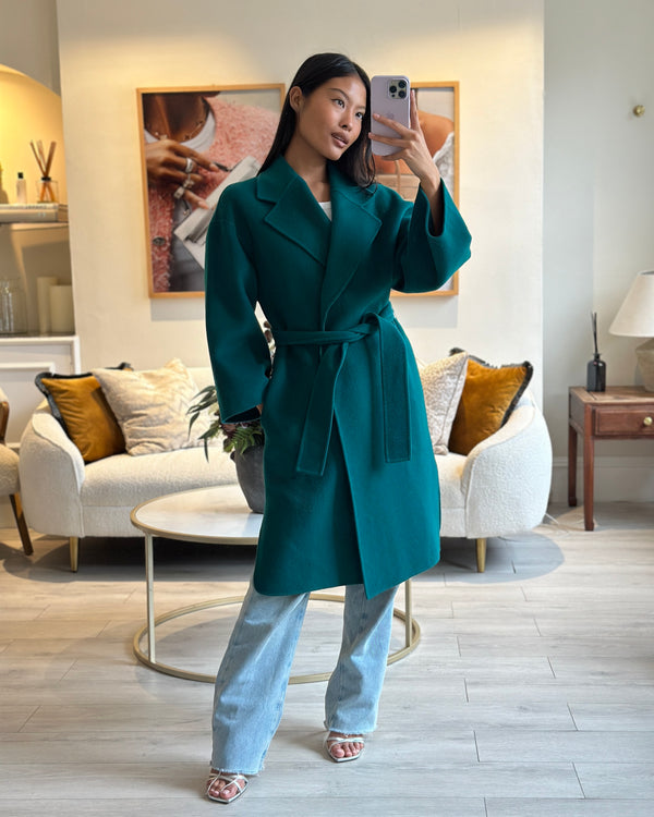 Theory Teal Green Wool Knee Length Belted Coat With Cropped Wide Sleeves Size Medium (UK 10)