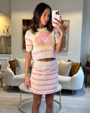 *RUNWAY* Chanel 24C Resort Pink & Yellow Multi-colour Jumper and Skirt Set with Cupid Heart "Coco" Detail Top Size FR 34 (UK 6) Skirt Size FR 36 (UK 8)