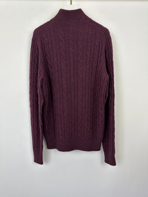 Loro Piana Menswear Burgundy Cable Knit Long Sleeve Jumper with Suede Quarter Zip Detail IT 48 (UK 38) RRP £1,700