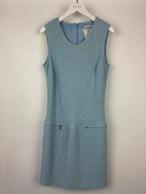 Chanel 97C Light Blue Tweed Longline Blazer and Midi Dress Set with Perspex & Gold CC Button Detail Size FR 40 (UK 12)