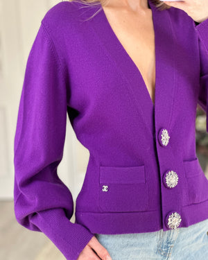 Chanel Purple Cashmere Cardigan with Silver Sequin Buttons FR 42 (UK 14)