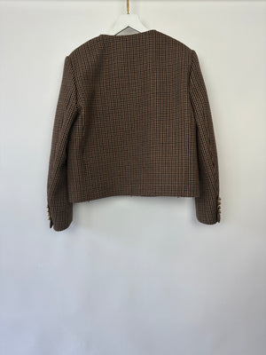 Celine Brown Houndstooth Collarless Jacket with Front Pockets and Gold Crest Buttons Size FR 42 (UK 14)