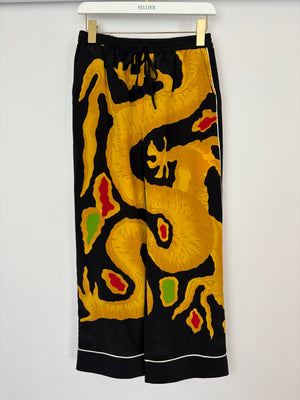 Valentino Black and Yellow Dragon Print Silk Wide Leg Trousers with White Trim IT 38 (UK 6)