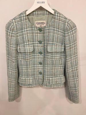 Chanel 1997 Vintage Baby Blue, Brown and White Tweed Jacket with CC Button Details Size FR 34 (UK 6)