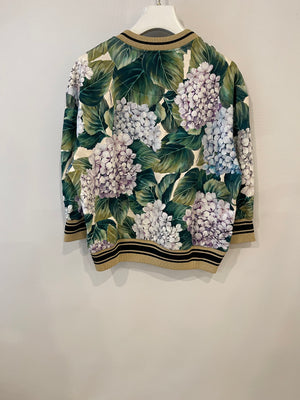 Dolce & Gabbana Green and White Floral Jumper with Gold Collar Detail Size IT 40 (UK 8)