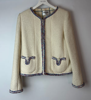 Chanel 20/C Cream Tweed Jacket with Blue, Pink MultiColour Trim Detail and CC Button Size FR 40 (UK 12)