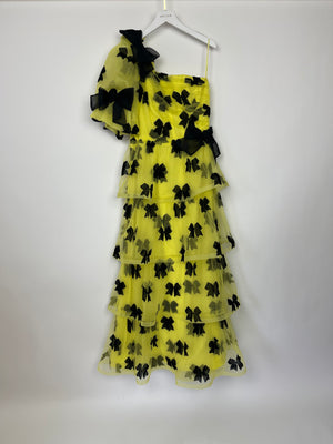 Rodarte Yellow Tulle One Shoulder Maxi Dress With Black Bow Detail Fall 2019 Size UK 10