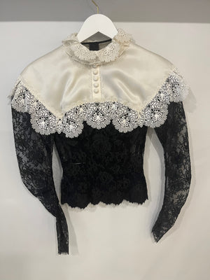 Dolce & Gabbana Black Mesh Long-Sleeve White Lace and Silk Collar Corset Top with Crystal Button Details Size IT 40 (UK 8)