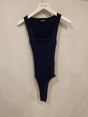 Jacquemus Navy Sleeveless Ribbed Bodysuit with Logo Detail FR 36 (UK 8) RRP £170