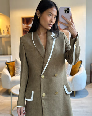 Fendi Khaki Double Breasted Coat with White Trim and Gold Button Detail Size IT 38 (UK 6)