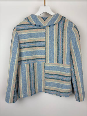 Chanel Blue and Green Striped Tweed Jacket with Transparent Blue CC Logo Button Details Size FR 46 (UK 18)