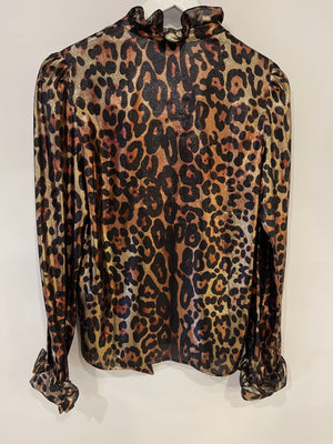 Lanvin Brown Metallic Long-Sleeve Leopard Pattern Blouse Size FR 34 (UK 6)