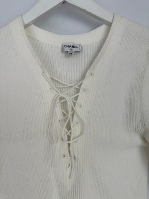 Chanel 25C White Cotton Blend Short Sleeve Jumper with Corset Neck Detail and Embroidered Logo Size FR 38 (UK 10) RRP £2395