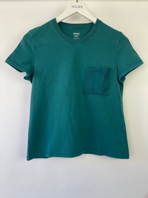 Hermès Teal T-Shirt with Crochet H Pocket Detail Size FR 38 (UK 10)