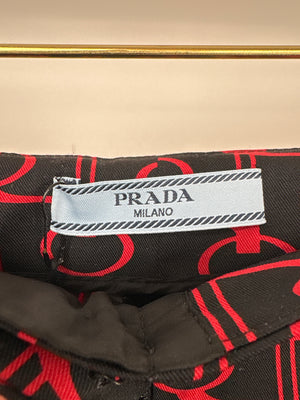 Prada Black & Red Repeating Motif Trousers with Satin Belt and Gold Button Detail Size 42 (UK 10)