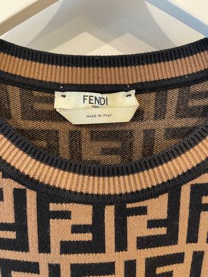 Fendi Brown and Black FF Logo Short-Sleeve Midi Dress Size IT 44 (UK 12) RRP £1,450