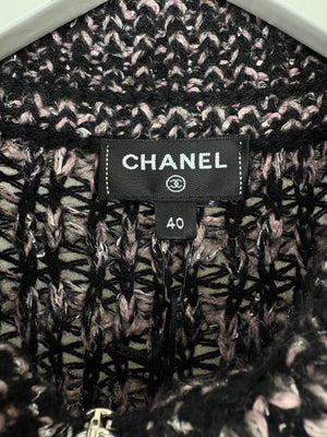 Chanel Black, Pink & Metallic Silver Wool Knit Short Sleeve Mini Dress Silver Zip Up Detail Size FR 40 (UK 12)