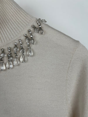 Zimmermann Cream Cropped Knit High Neck Jumper with Crystal Neck Line Embellishment Detail Size OP/XS (UK 6/8) RRP £550