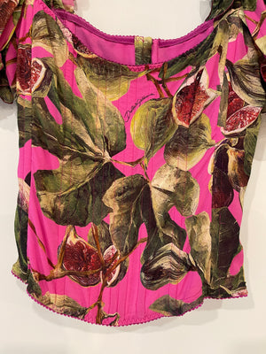 Dolce & Gabbana Pink Fig Printed Silk Corset Top with Puffy Sleeves Size IT 42 (UK 10) RRP £1,050