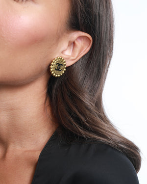 Chanel Vintage Brushed Gold Round Clip-On Earrings with Black CC Logo Detail