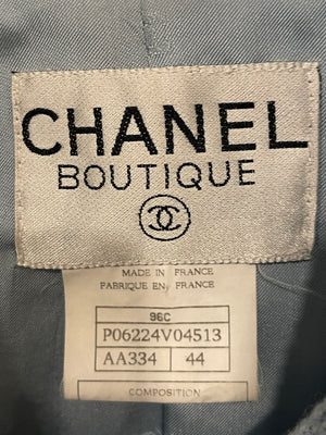 Chanel 96C Baby Blue Long Tweed Jacket with CC Button Details Size FR 44 (UK 16)