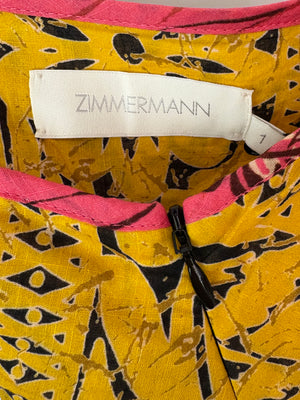 Zimmermann Pink, Yellow and Blue Printed Cotton One Shoulder Midi Dress with Cross Back Tie Detail Size 1 (UK 10)