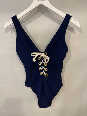 Karla Colletto Navy Swimsuit with Drawstring Lacing Detail Size UK 10