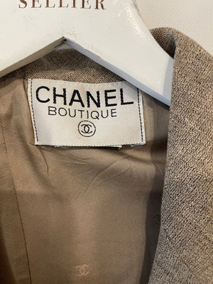 Chanel Sand Beige Linen Long Jacket with Silver CC Button Detail Size FR 40/42 (UK 12/14)