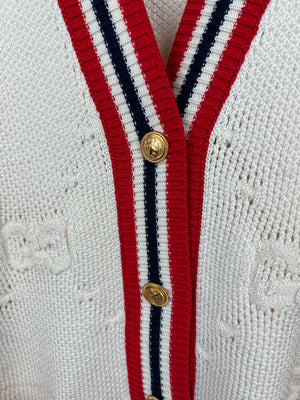 Gucci Cream, Red and Blue GG Knit Wool Blend Cardigan with Stripe Trim and Gold Buttons Size S (UK 8)