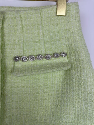 Self-Portrait Lime Green Cropped Short Sleeve Jacket and Skirt Tweed Set with Crystal Embellishment Details Size (UK 8)