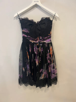 Dolce & Gabbana Black and Purple Floral Silk Corset Bandeau Dress with Lace Details Size IT 38 (UK 6)