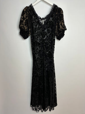 Norma Kamali Black Floral Tulle and Velvet Short Sleeve Maxi Dress With Tie Waist Size XL (UK 14)