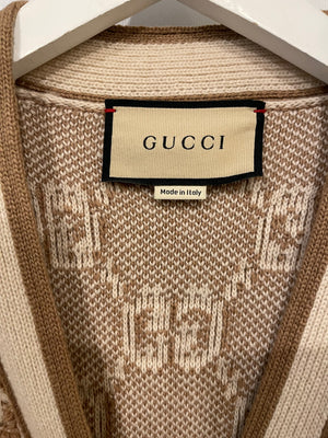 Gucci Cream and Light Brown GG Knit Wool Blend Maxi Belted Cardigan with Gold Buttons Size M (UK 10)