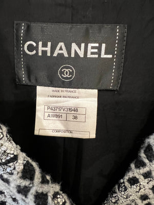 Chanel Black and Silver Metallic Tweed Jacket with CC Buttons and Removable Pearl Detail Size FR 38 (UK 10)