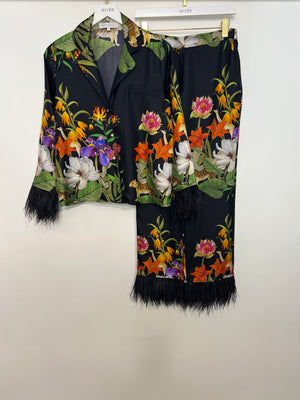 Borgo De Nor Black and Multi-Colour Jungle Print Trousers and Jacket Silk Set with Ostrich Feather Sleeve Detail Size UK 6