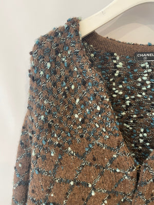 Chanel Brown and Metallic Blue Wool Cardigan with Coco Logo Detail Size FR 40/42 (UK 12/14)