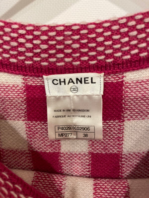 Chanel Pink and White Gingham Cashmere Short-Sleeve Top with CC Logo Size FR 38 (UK 10)