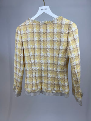 Chanel 04C Yellow and White Tweed Jacket and Grey Silk Shorts Set with Camelia Tweed Pin Detail Size FR 36 (UK 8)