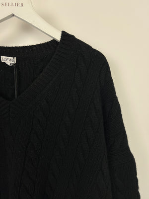 Loewe Black V-Neck Anagram Oversized Cable Knit Jumper Size S (UK 8)