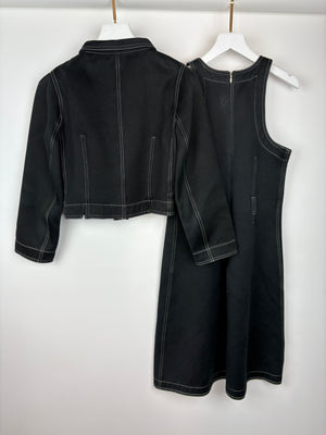 Courreges Black Short Jacket and Midi Dress Set With White Stitching Detail & White Buttons FR 40/38 (UK 10-12)