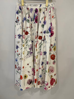 Christian Dior White Midi Skirt with Multicolour Floral Prints and Logo Size FR 40 (UK 12)